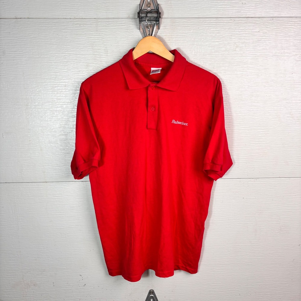 1990s Budweiser Anvil Polo Shirt Red Embroidered Beer Logo Large